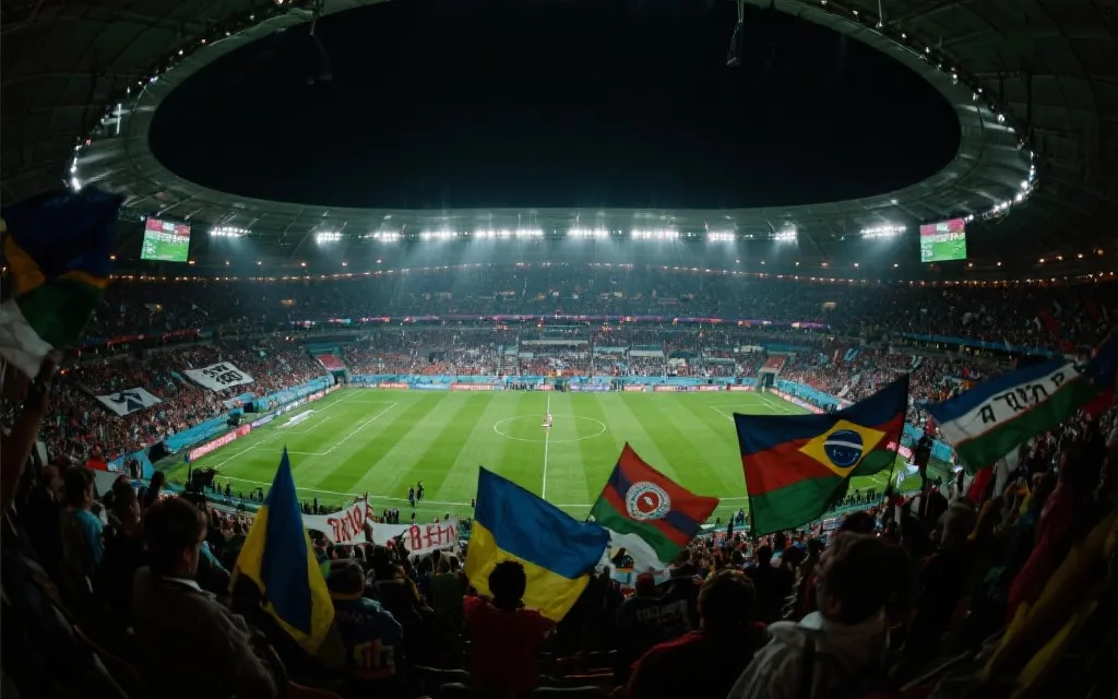 决赛球场内看台视角，人群挥舞旗帜，灯光与草坪形成强烈对比